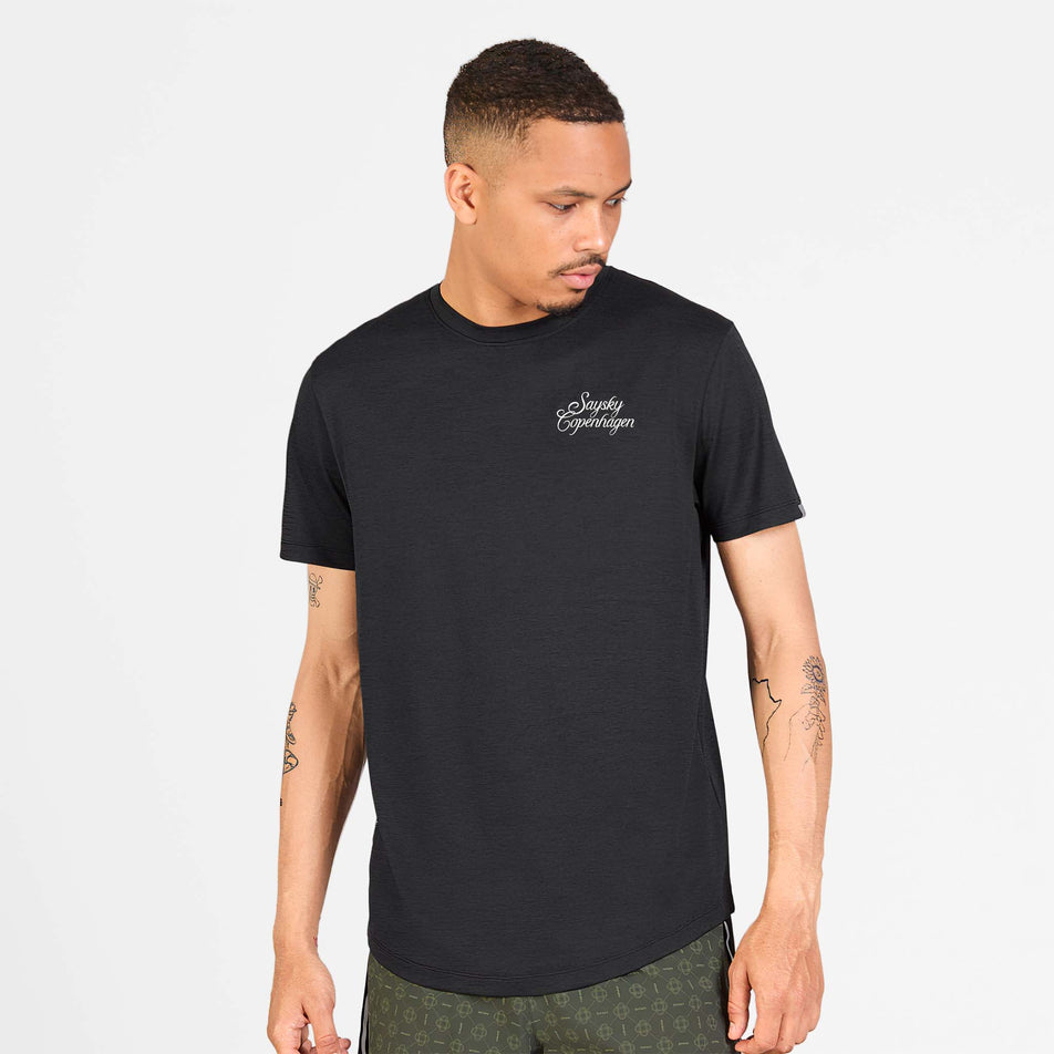 Front view of a model wearing the SAYSKY Men's Statement Combat Pro T-Shirt in the Black colourway.