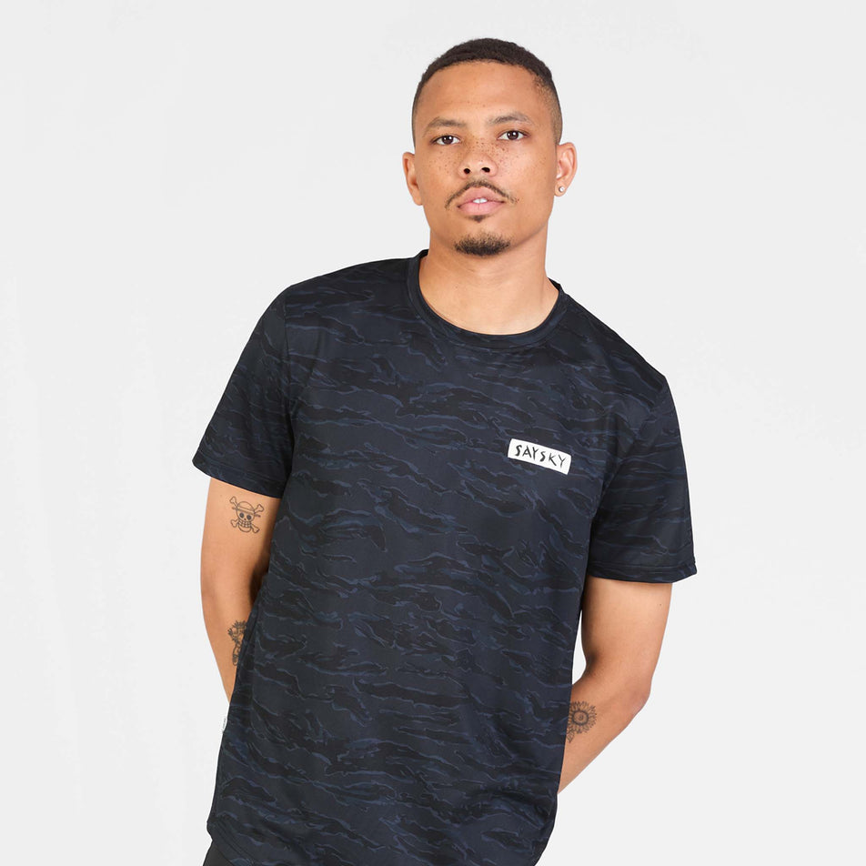 Front view of a model wearing the SAYSKY Men's Tiger Combat T-Shirt in the Black Camo colourway.