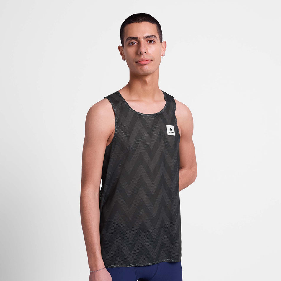 Front view of a model wearing the SAYSKY Men's Zig Zag Flow Air Singlet in the Black Zig Zag colourway.