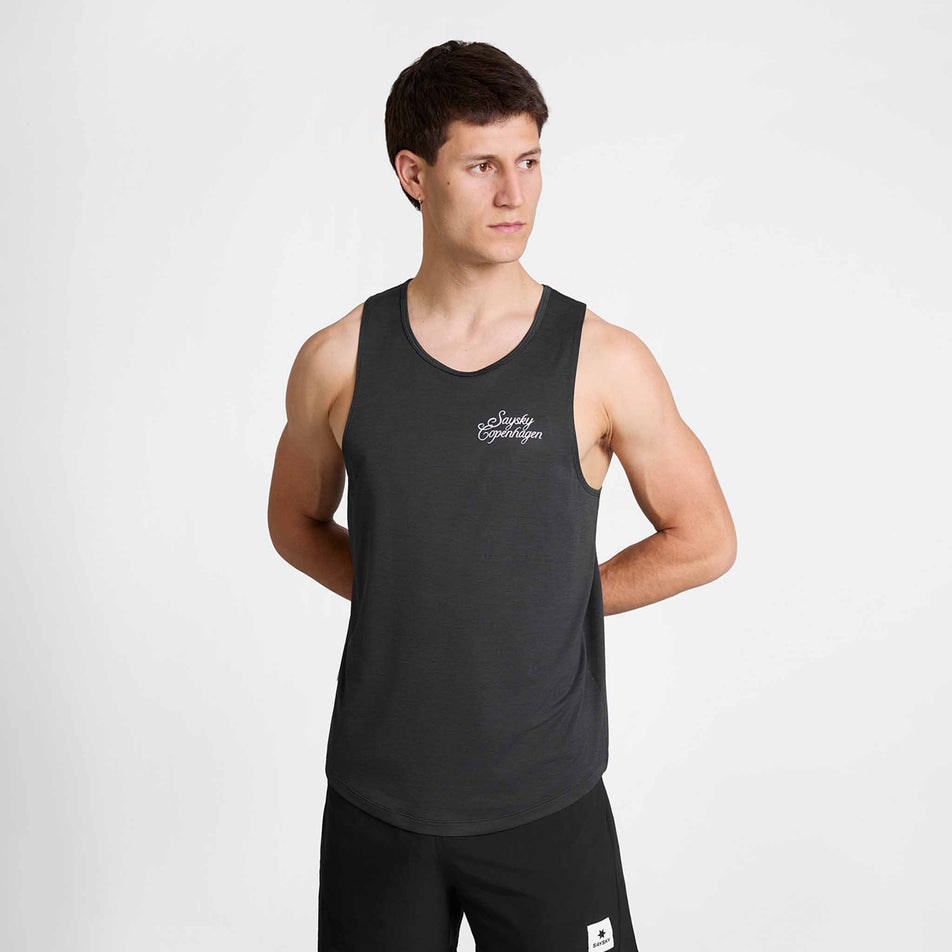 Front view of a model wearing the SAYSKY Men's Statement Combat Pro Singlet in the Black colourway.