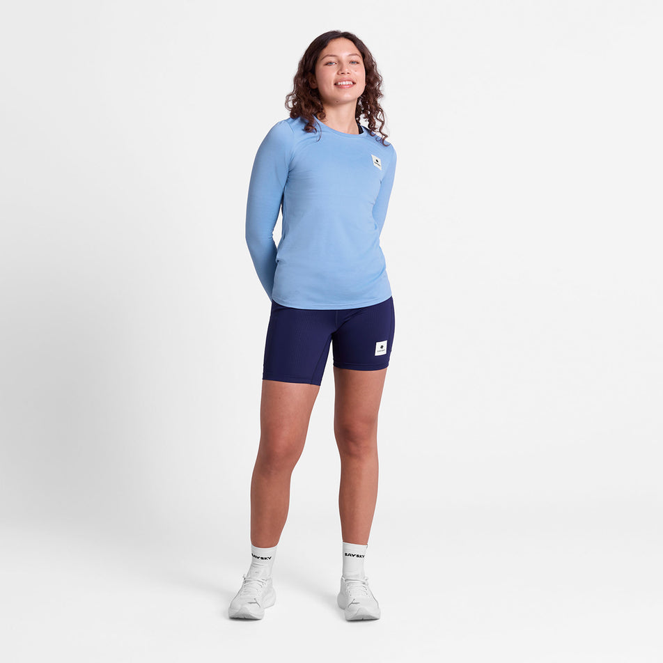 Front view of a model wearing the SAYSKY Women's Clean Pace Long Sleeve in the Blue colourway.