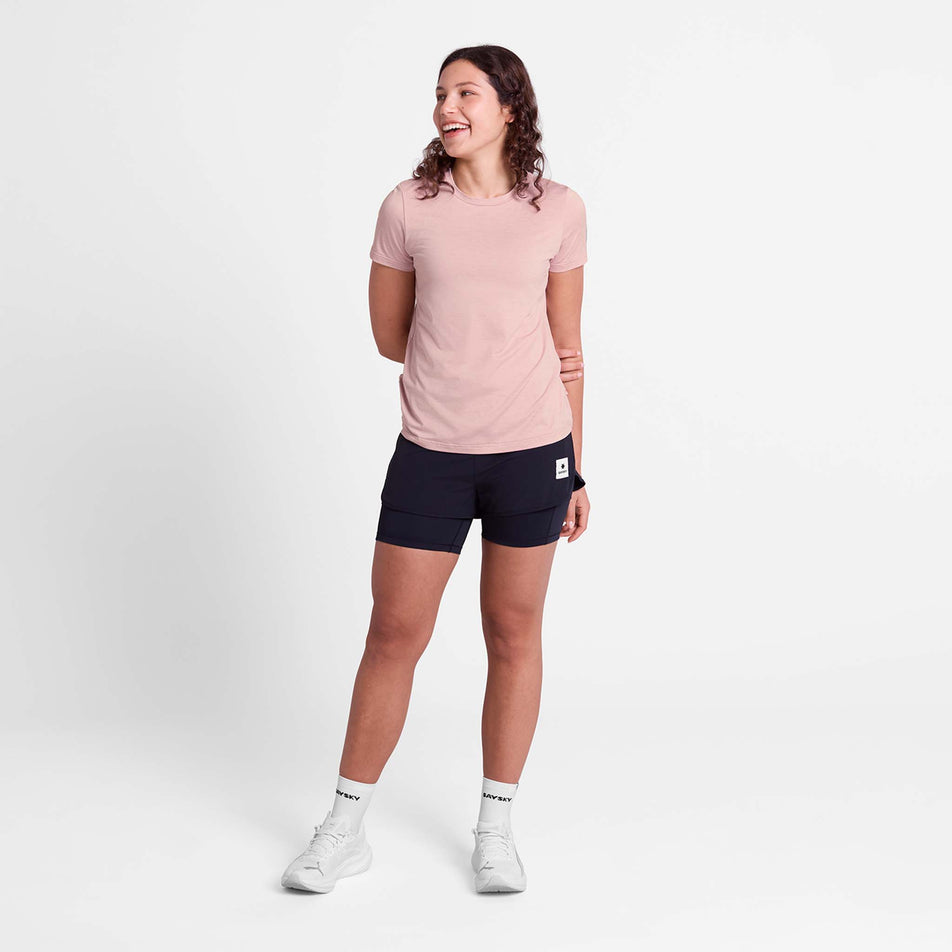 Front view of a model wearing the SAYSKY Women's Clean Pace T-Shirt in the Pink colourway.