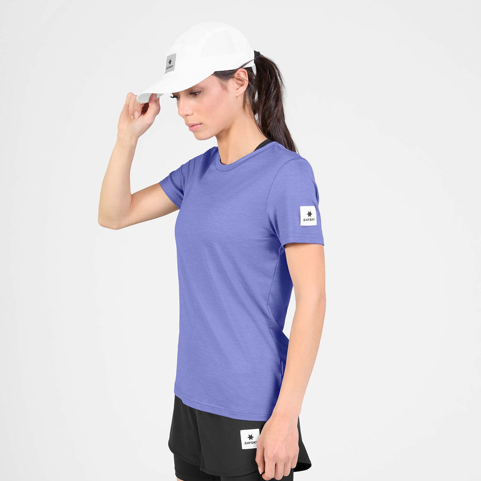 Front view of a model wearing the SAYSKY Women's Clean Pace T-Shirt in the Purple colourway.
