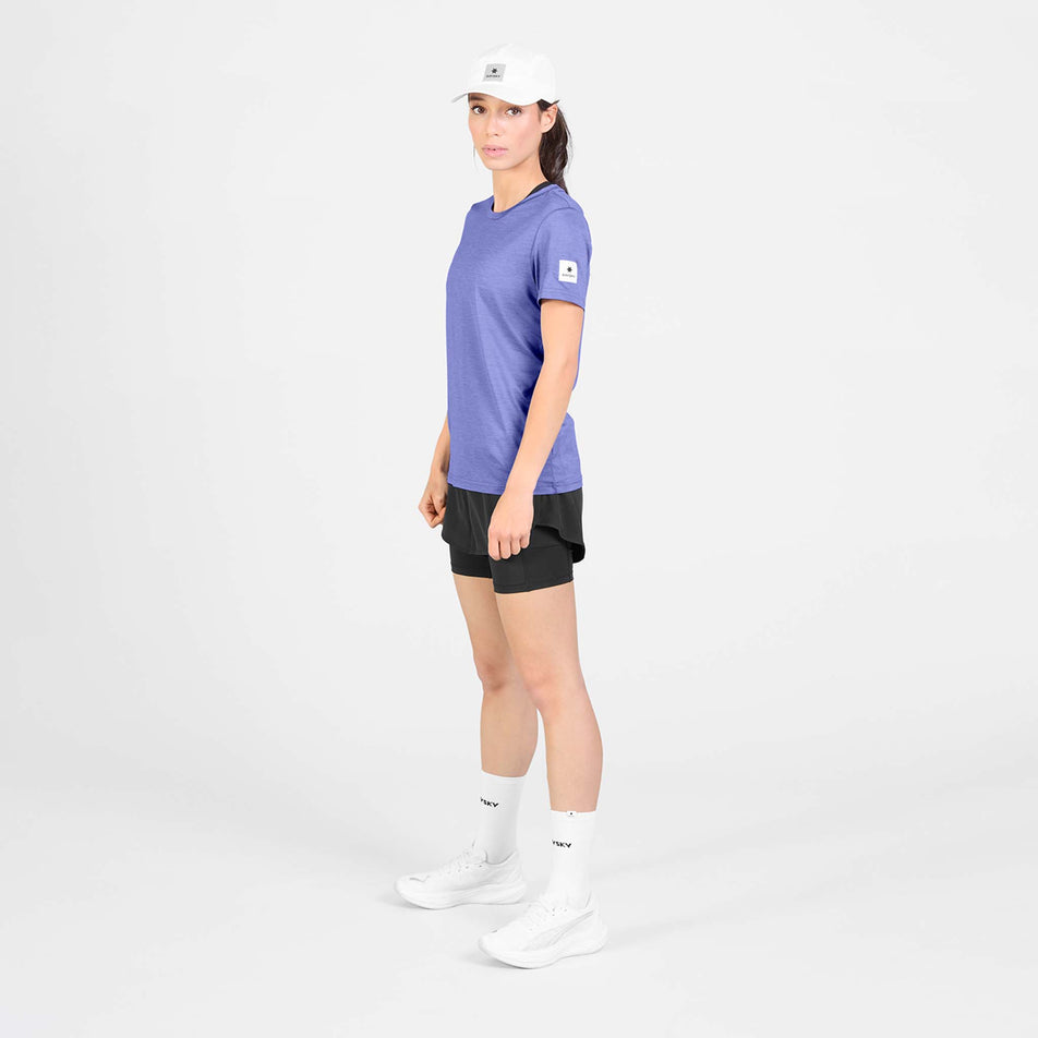 Front view of a model wearing the SAYSKY Women's Clean Pace T-Shirt in the Purple colourway.