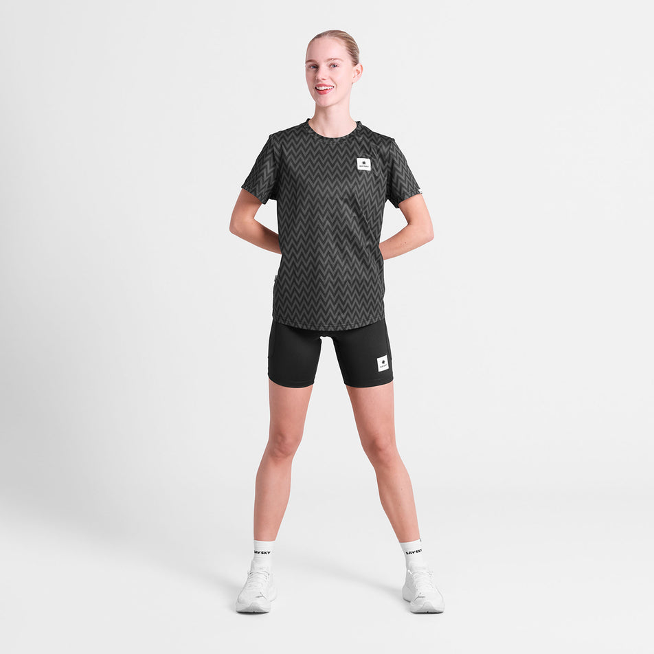 Front view of a model wearing the SAYSKY Women's Zig Zag Combat T-Shirt in the Black Zig Zag colourway.