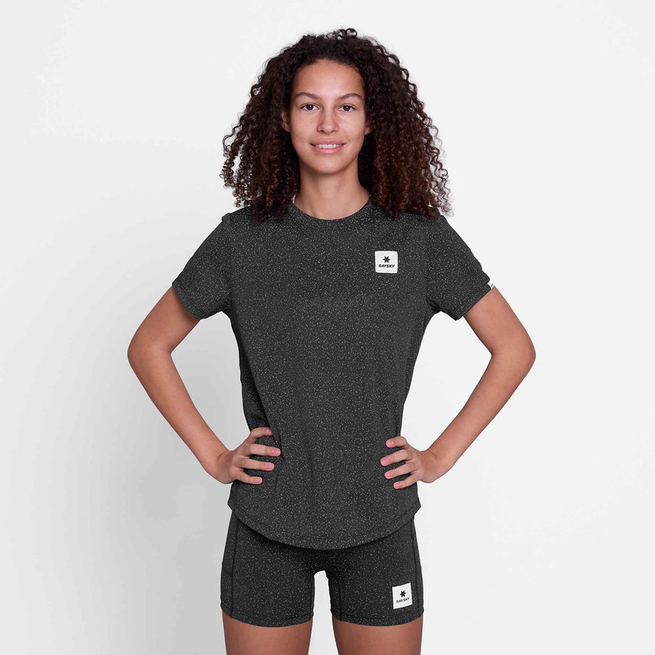 Front view of a model wearing the SAYSKY Women's Universe Combat T-Shirt in the Black Universe colourway.
