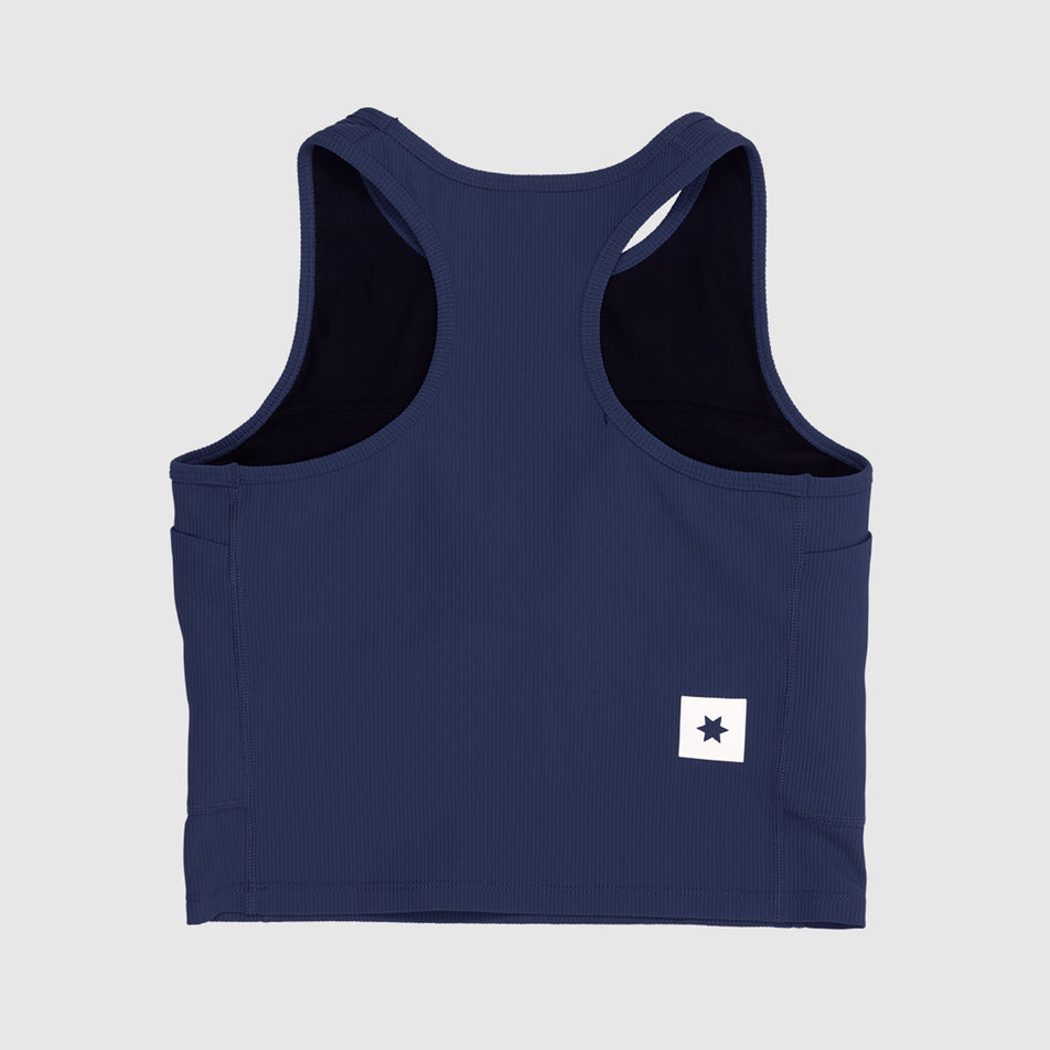 Back view of the SAYSKY Women's Combat Rib Crop Top in the Blue/White colourway.
