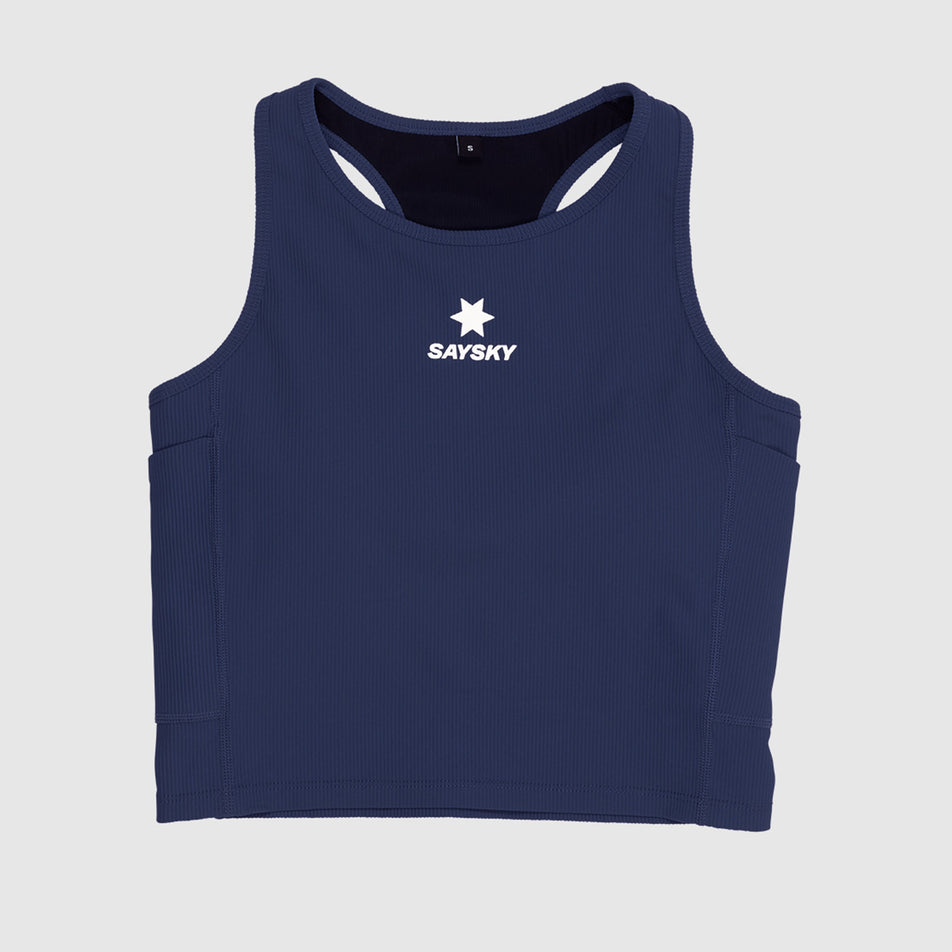 Front view of the SAYSKY Women's Combat Rib Crop Top in the Blue/White colourway.