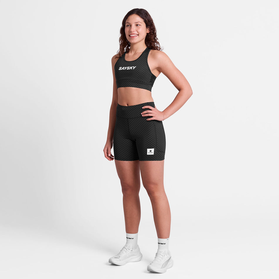 Front view of a model wearing the SAYSKY Women's Zig Zag Combat+ Short Tights 7