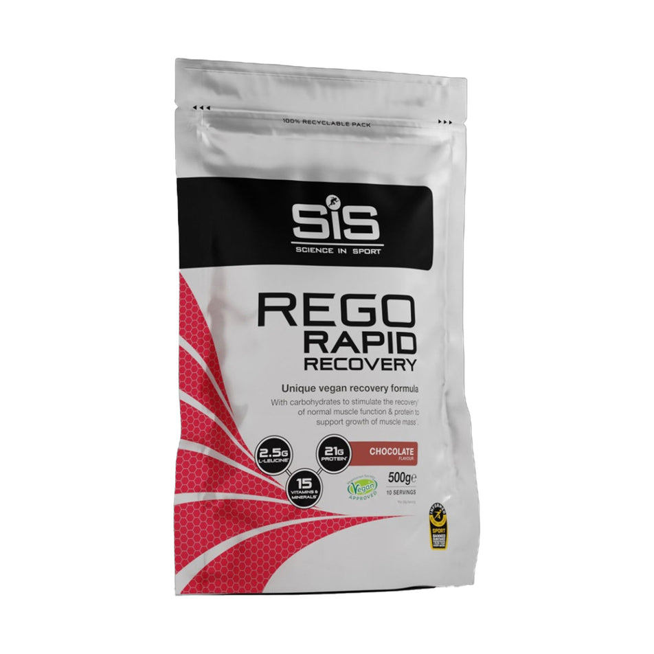 Front view of a 500g bag of SiS Rego Rapid Recovery formula in the chocolate flavour