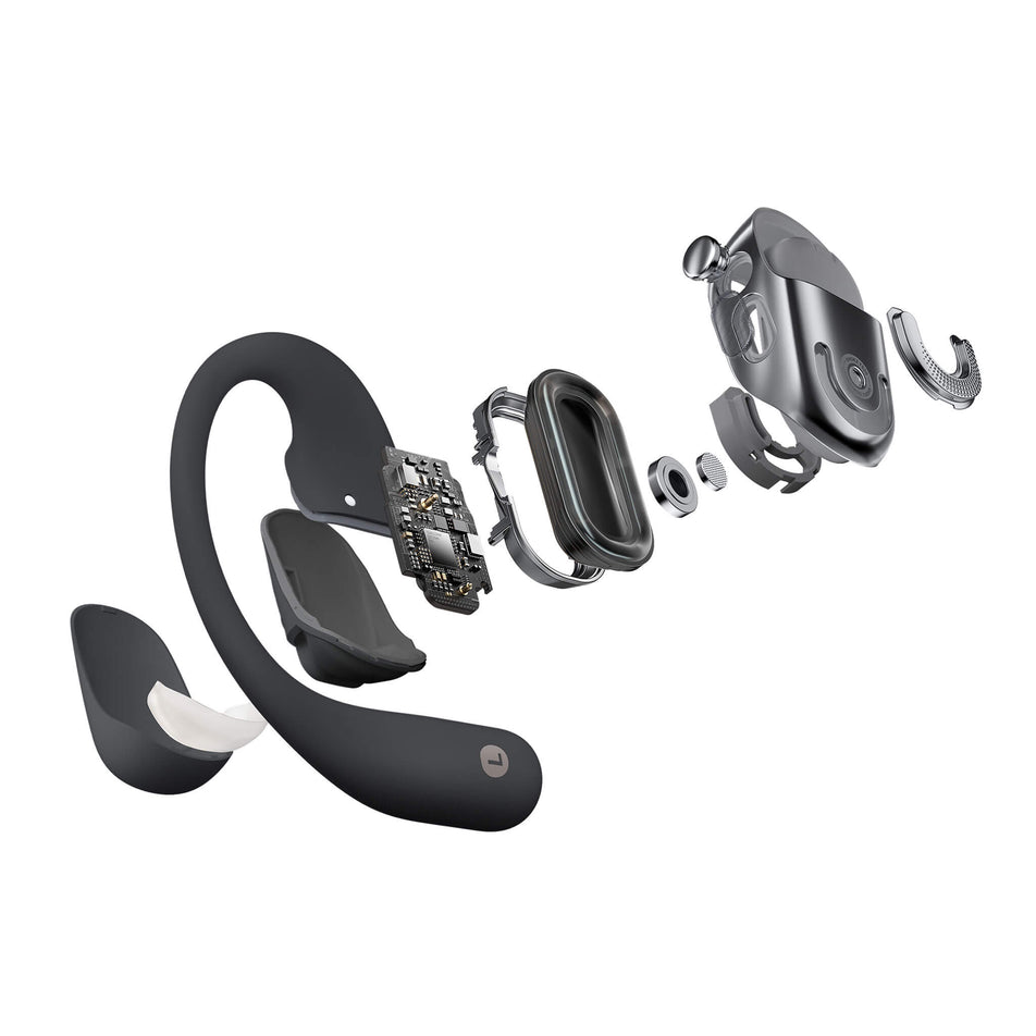 Component parts of an earbud from a pair of Shokz OpenFit 2+ Wireless Earbuds