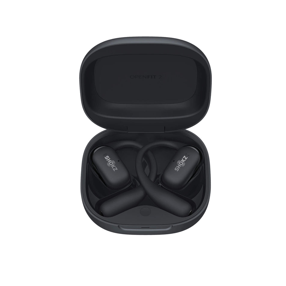 A pair of Shokz OpenFit 2+ Wireless Earbuds inside a carry case 