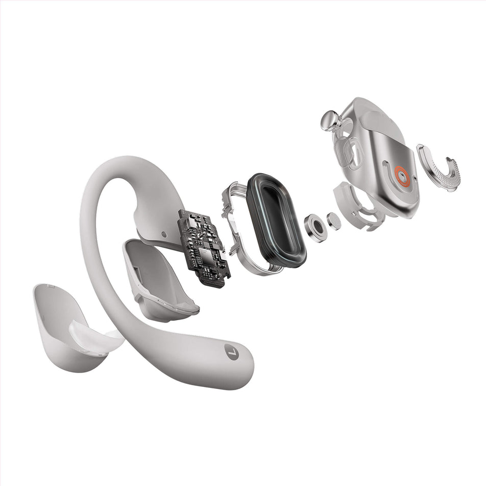 Component parts of an earbud from a pair of Shokz OpenFit 2+ Wireless Earbuds