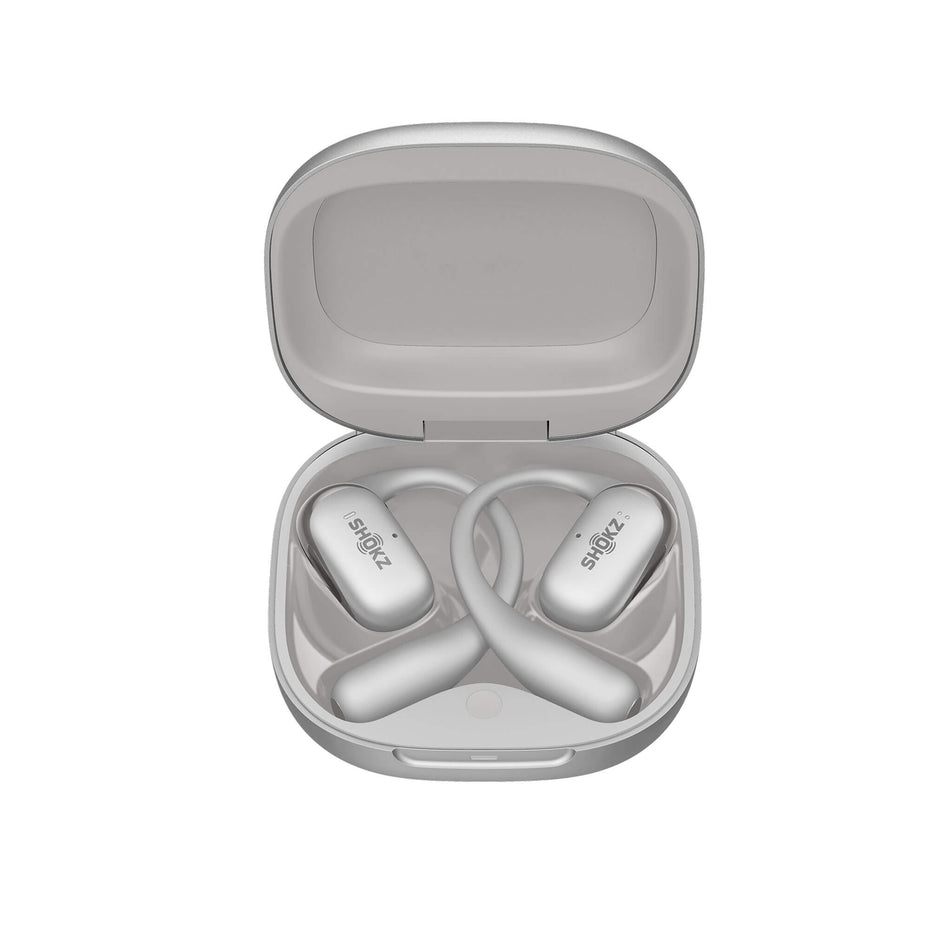 A pair of Shokz OpenFit 2+ Wireless Earbuds inside a carry case