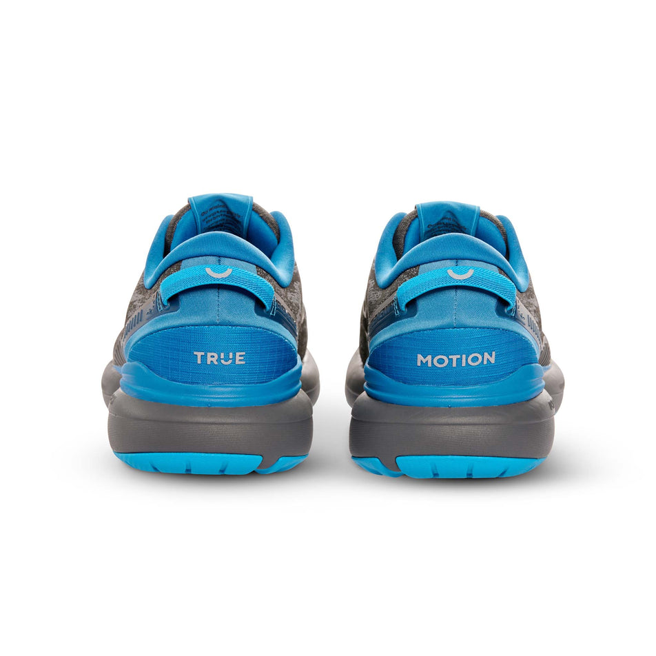 The back of a pair of True Motion Men's U-Tech Nevos Elements Next Gen Running Shoes in the Black/Mykonos Blue/Castle Rock colourway (8140926714018)