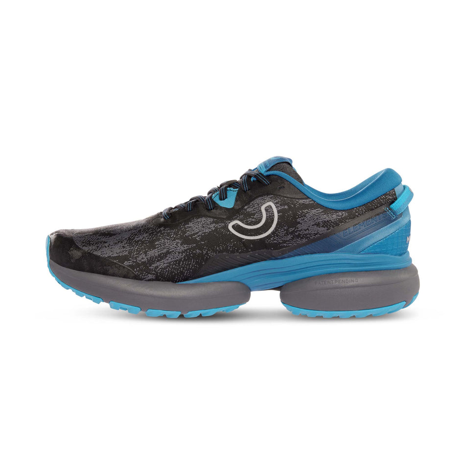 Medial side of the right shoe from a pair of True Motion Men's U-Tech Nevos Elements Next Gen Running Shoes in the Black/Mykonos Blue/Castle Rock colourway (8140926714018)