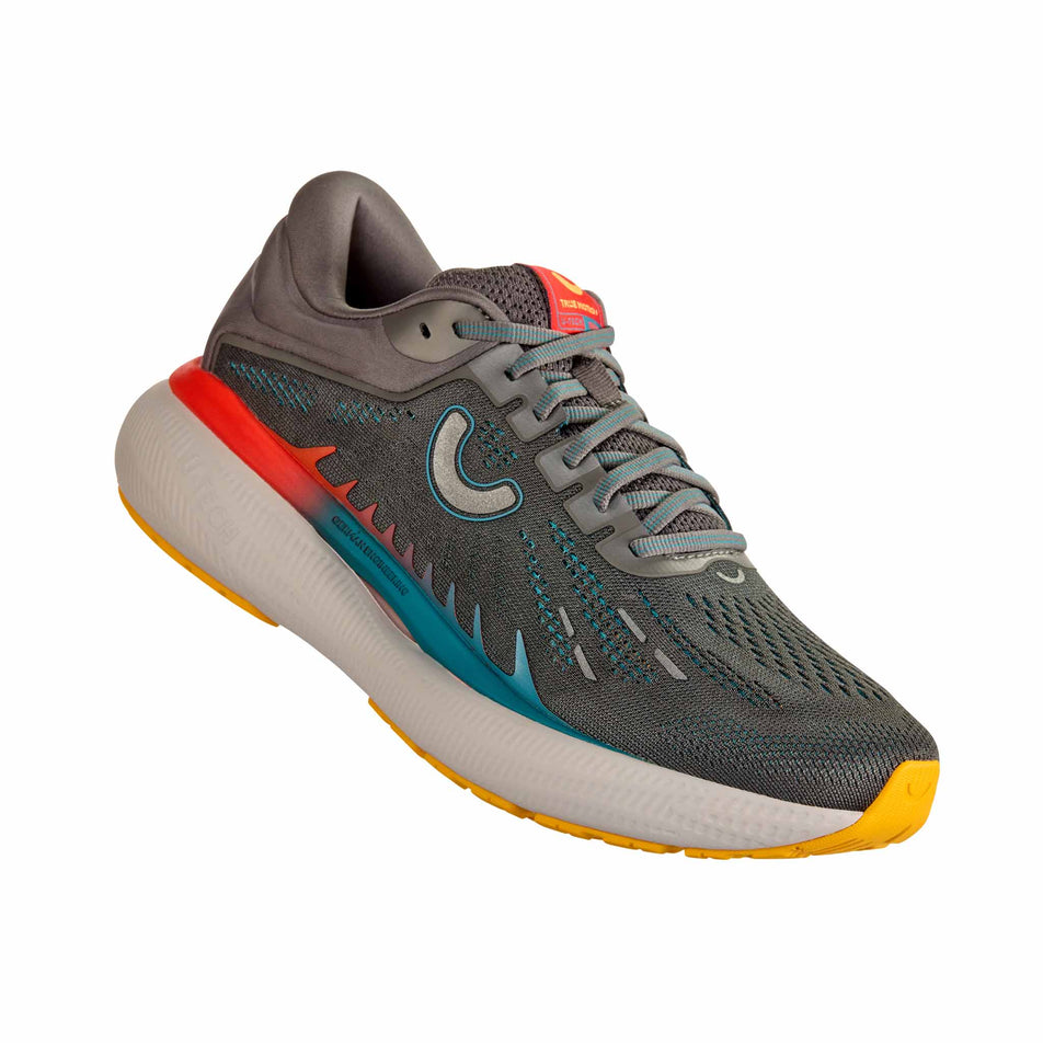 Lateral view of the right shoe from a pair of True Motion Men's U-Tech Aion 3 Running Shoes in the Castlerock/Orange.com/Tahitian Tide  colourway. (8678184485026)