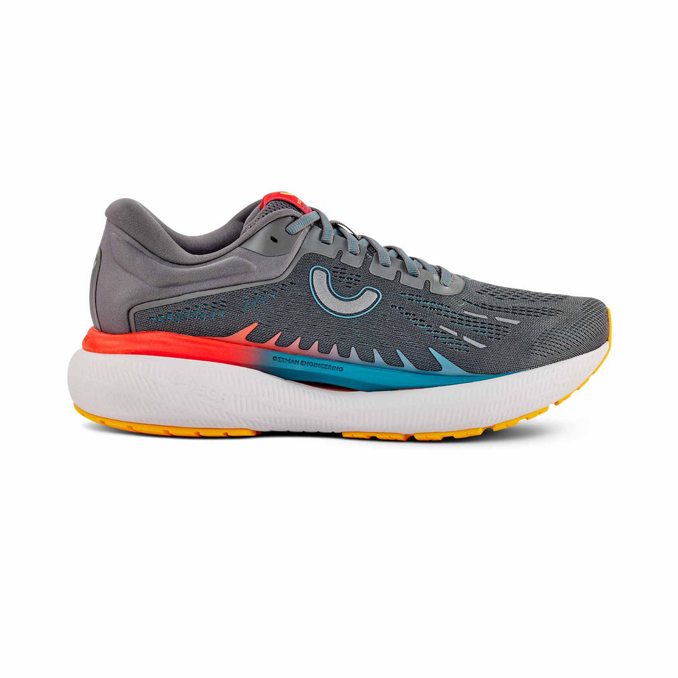 Lateral view of the right shoe from a pair of True Motion Men's U-Tech Aion 3 Running Shoes in the Castlerock/Orange.com/Tahitian Tide  colourway. (8678184485026)
