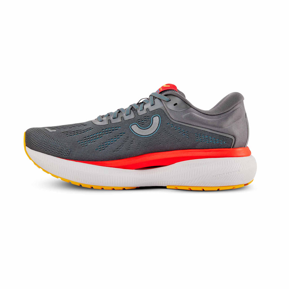 Medial view of the right shoe from a pair of True Motion Men's U-Tech Aion 3 Running Shoes in the Castlerock/Orange.com/Tahitian Tide  colourway. (8678184485026)
