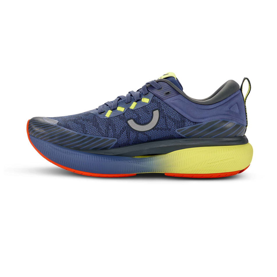 Medial view of the right shoe from a pair of True Motion Men's U-Tech Aion Elements Running Shoes in the Gray Blue/Iron Gate/Limeade colourway.