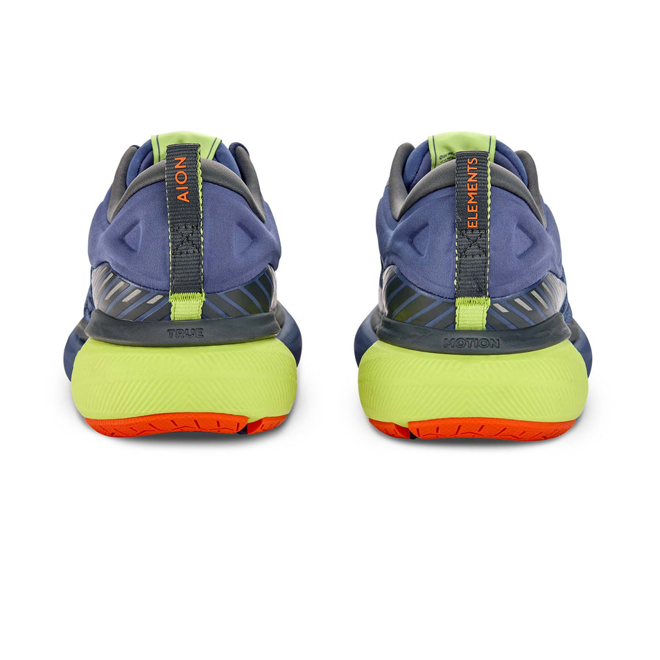 The back of a pair of True Motion Men's U-Tech Aion Elements Running Shoes in the Gray Blue/Iron Gate/Limeade colourway.