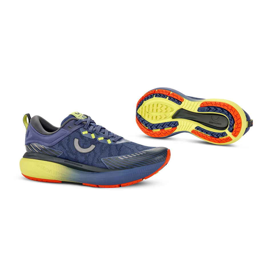 A pair of True Motion Men's U-Tech Aion Elements Running Shoes in the Gray Blue/Iron Gate/Limeade colourway.