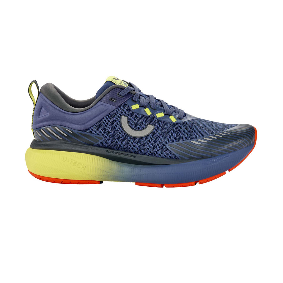 Lateral view of the right shoe from a pair of True Motion Men's U-Tech Aion Elements Running Shoes in the Gray Blue/Iron Gate/Limeade colourway. 