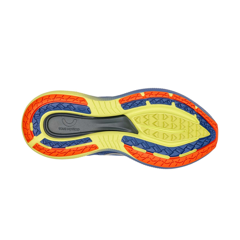 The outsole of the right shoe from a pair of True Motion Men's U-Tech Aion Elements Running Shoes in the Gray Blue/Iron Gate/Limeade colourway.