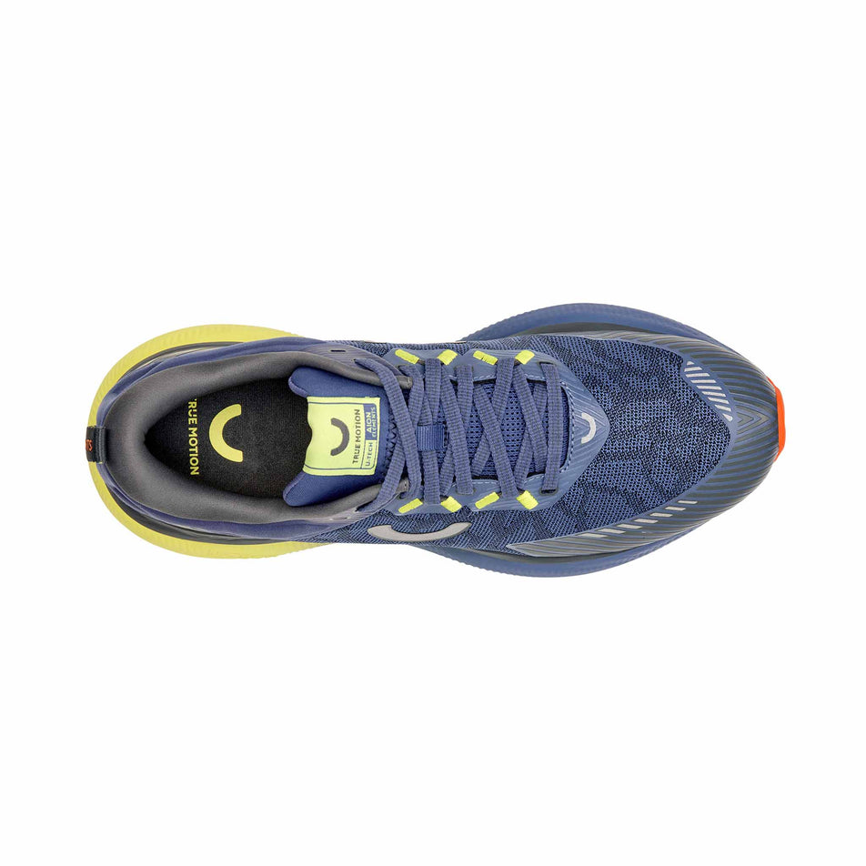 The upper of the right shoe from a pair of True Motion Men's U-Tech Aion Elements Running Shoes in the Gray Blue/Iron Gate/Limeade colourway.