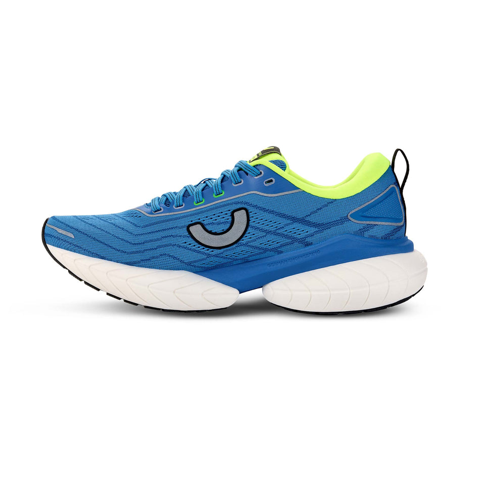 Medial view of the right shoe from a pair of True Motion Men's U-Tech Nevos 4 Running Shoes in the French Blue/Skydiver/Safety Yellow colourway.