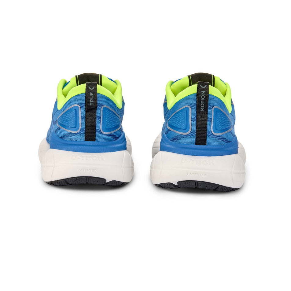 The back of a pair of True Motion Men's U-Tech Nevos 4 Running Shoes in the French Blue/Skydiver/Safety Yellow colourway.