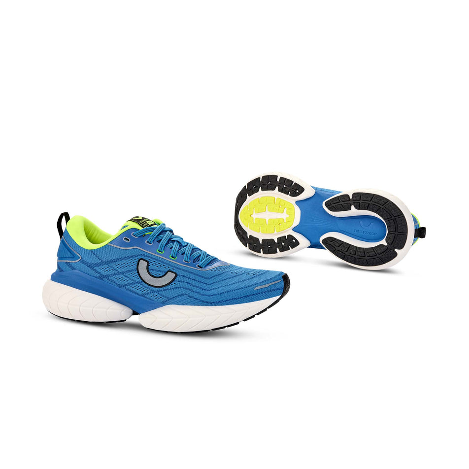 A pair of True Motion Men's U-Tech Nevos 4 Running Shoes in the French Blue/Skydiver/Safety Yellow colourway.