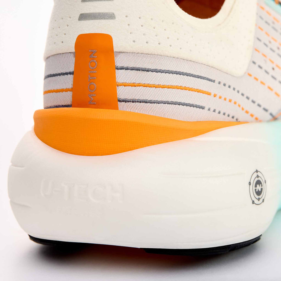 The back of the right shoe from a pair of True Motion Men's U-Tech Solo 2 Running Shoes in the White/Tangelo/Aqua Splash colourway.