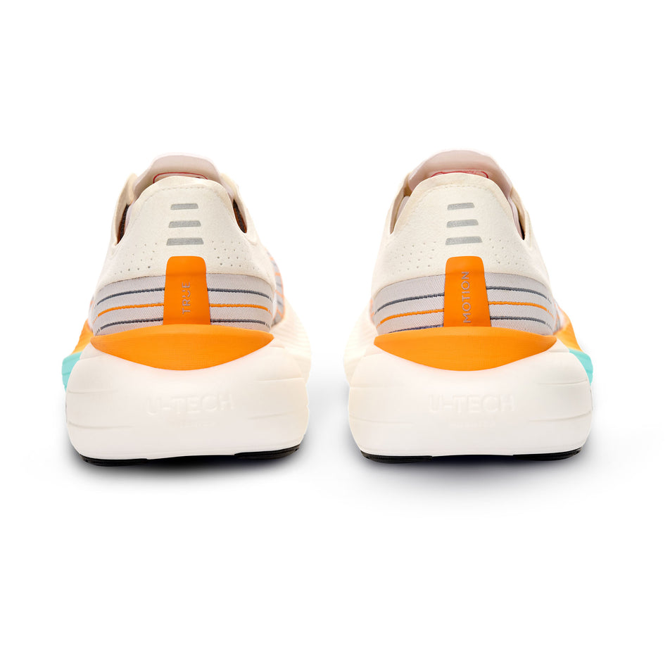 The back of a pair of True Motion Men's U-Tech Solo 2 Running Shoes in the White/Tangelo/Aqua Splash colourway.
