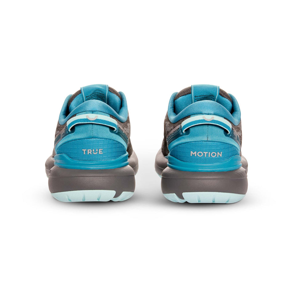 The back of a pair of Ture Motion Women's U-Tech Nevos Elements Next Gen Running Shoes in the Black/Blue Light/Castle Rock colourway (8140928516258)