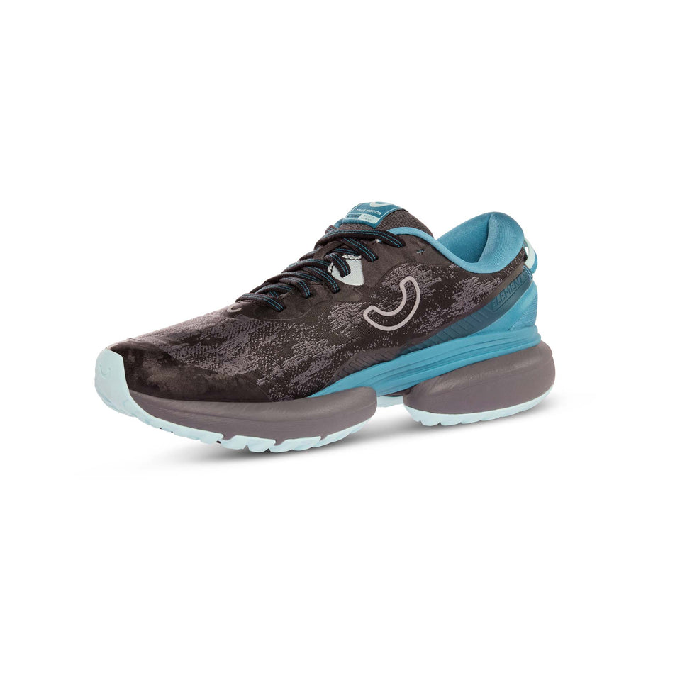 Medial side of the right shoe from a pair of Ture Motion Women's U-Tech Nevos Elements Next Gen Running Shoes in the Black/Blue Light/Castle Rock colourway (8140928516258)