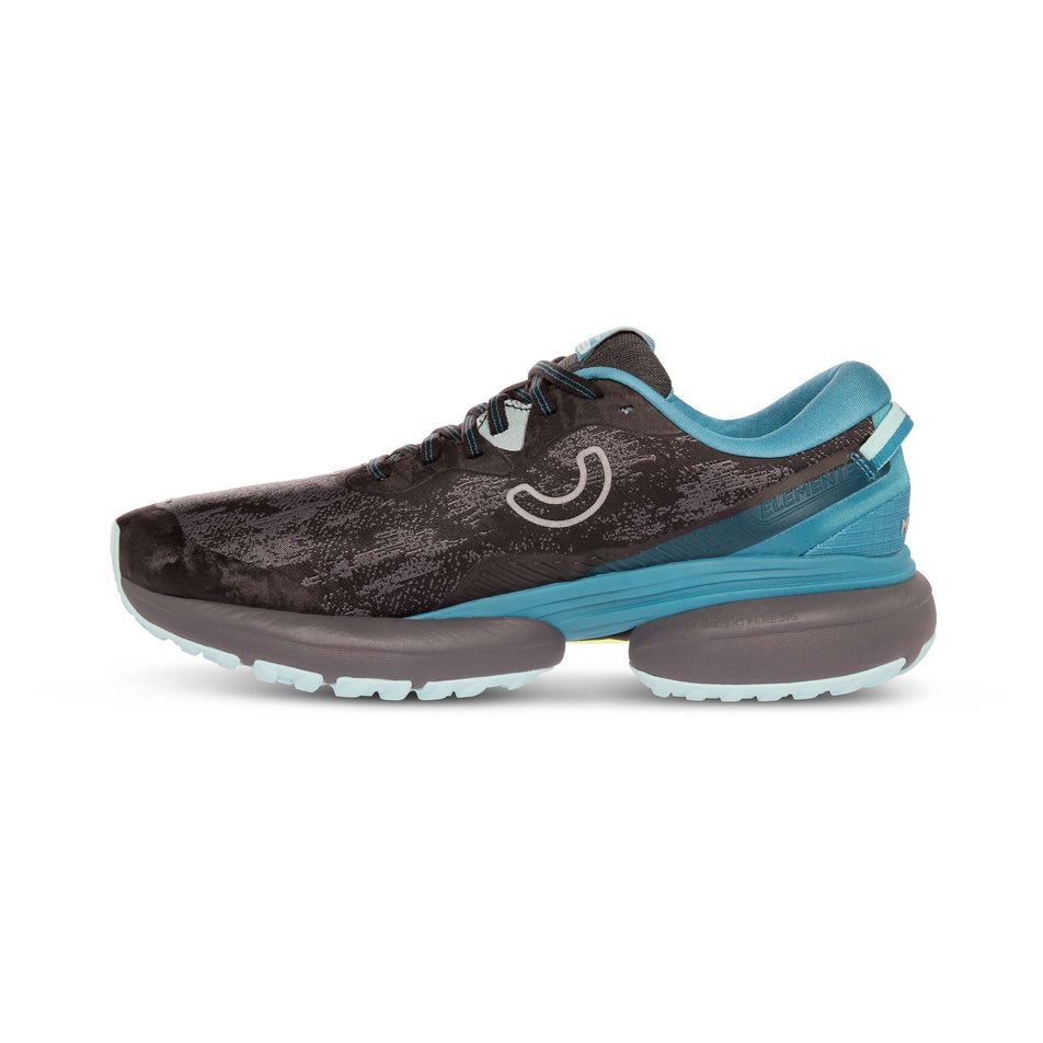 Medial side of the right shoe from a pair of Ture Motion Women's U-Tech Nevos Elements Next Gen Running Shoes in the Black/Blue Light/Castle Rock colourway (8140928516258)