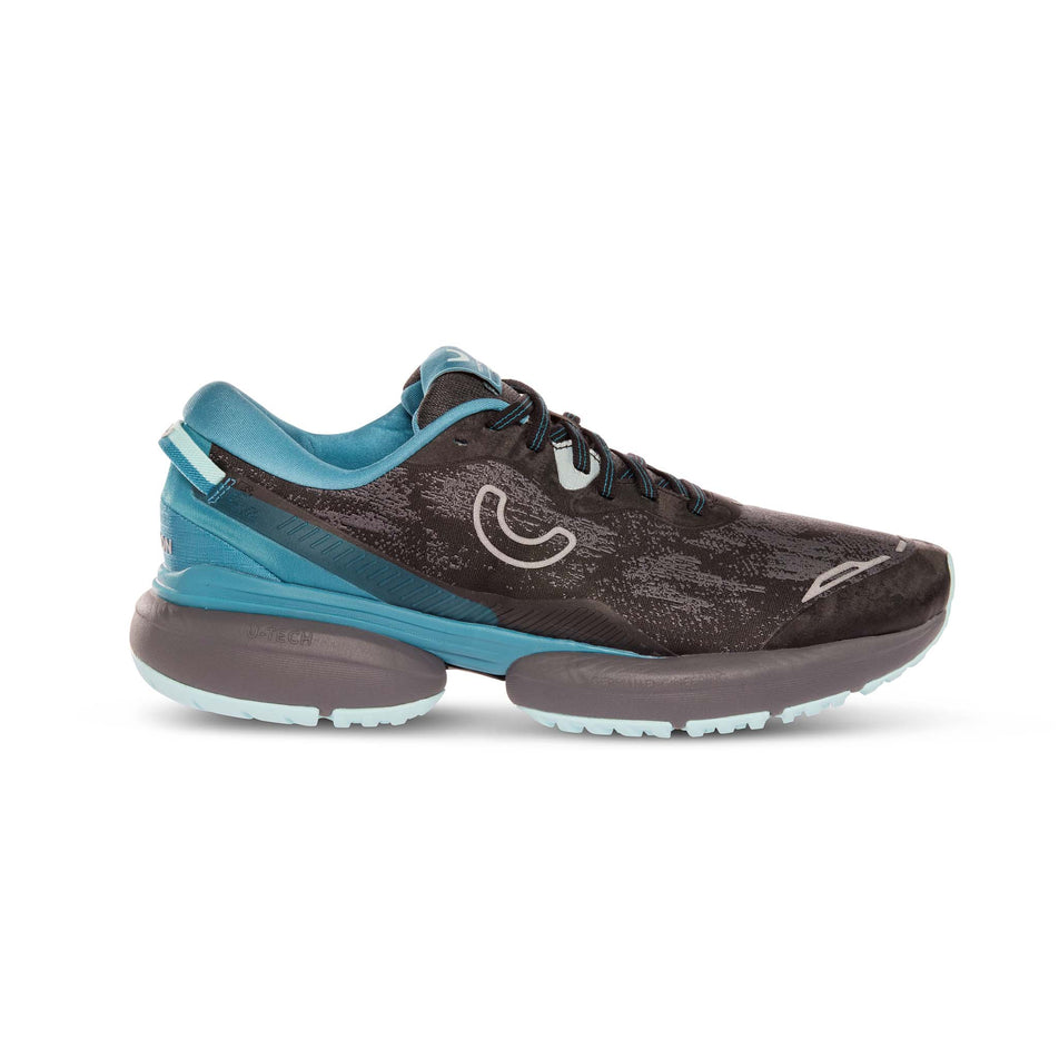 Lateral side of the right shoe from a pair of Ture Motion Women's U-Tech Nevos Elements Next Gen Running Shoes in the Black/Blue Light/Castle Rock colourway (8140928516258)