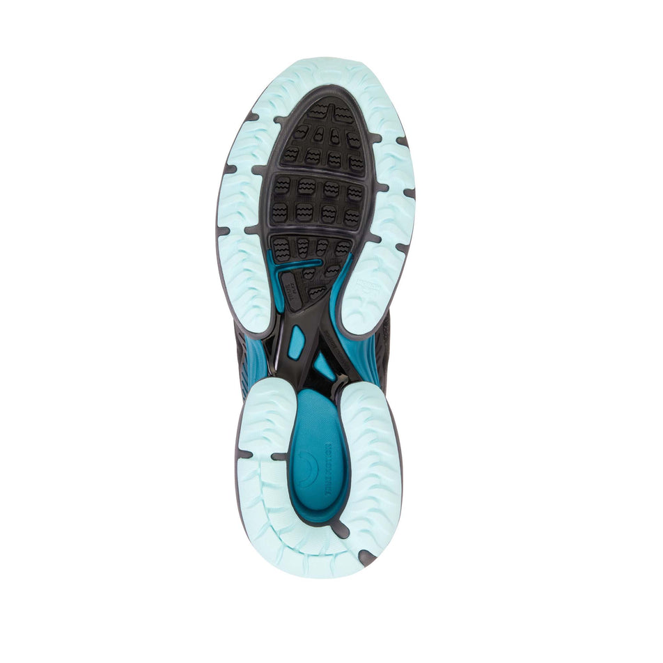 Outsole of the right shoe from a pair of Ture Motion Women's U-Tech Nevos Elements Next Gen Running Shoes in the Black/Blue Light/Castle Rock colourway (8140928516258)