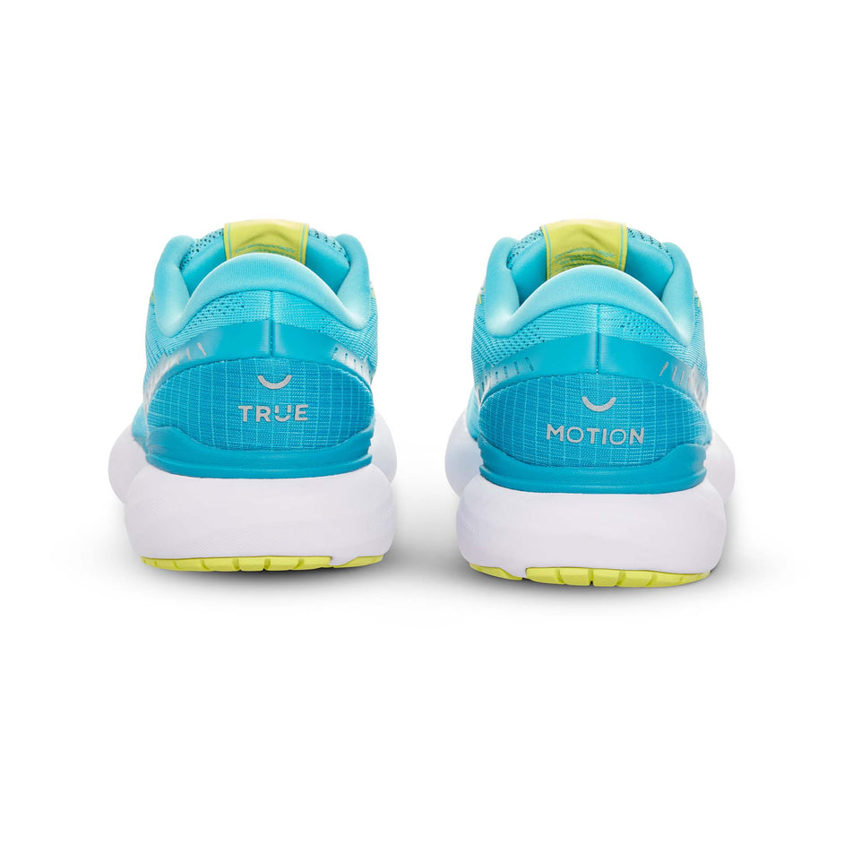 The back of a pair of True Motion  Women's U-TECH Nevos 3 Running Shoes in the Scuba Blue/Enamel Blue/Lime Popsicle colourway (8146440356002)
