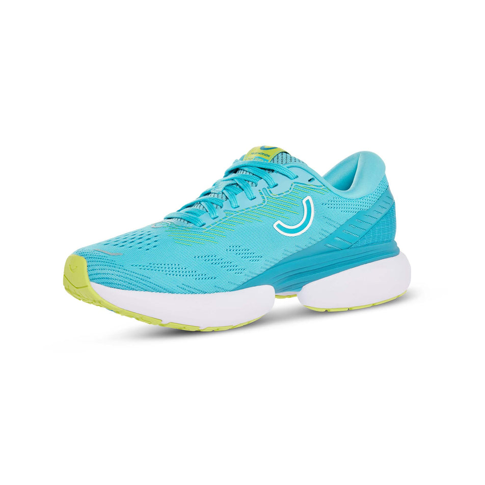 Lateral side of the left shoe from a pair of True Motion  Women's U-TECH Nevos 3 Running Shoes in the Scuba Blue/Enamel Blue/Lime Popsicle colourway (8146440356002)