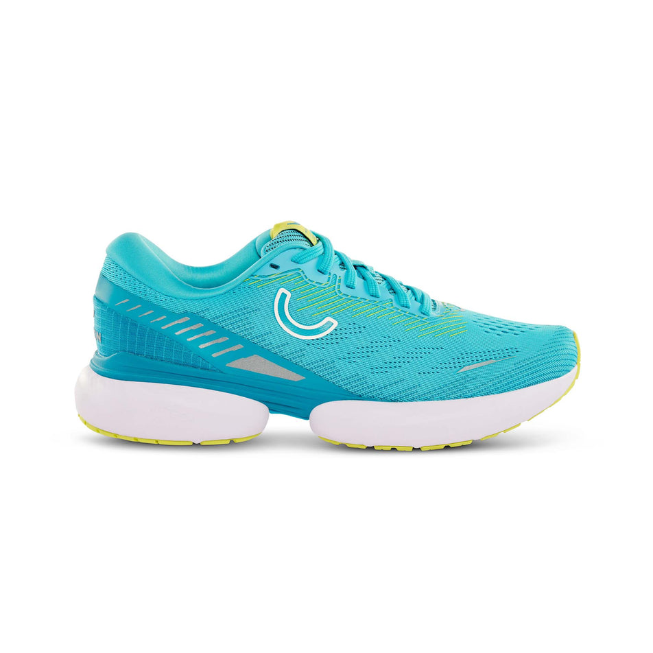 Lateral side of the right shoe from a pair of True Motion  Women's U-TECH Nevos 3 Running Shoes in the Scuba Blue/Enamel Blue/Lime Popsicle colourway (8146440356002)