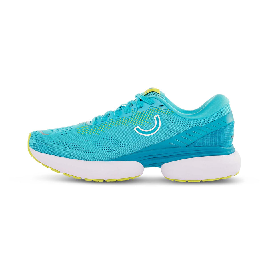 Medial side of the right shoe from a pair of True Motion  Women's U-TECH Nevos 3 Running Shoes in the Scuba Blue/Enamel Blue/Lime Popsicle colourway (8146440356002)