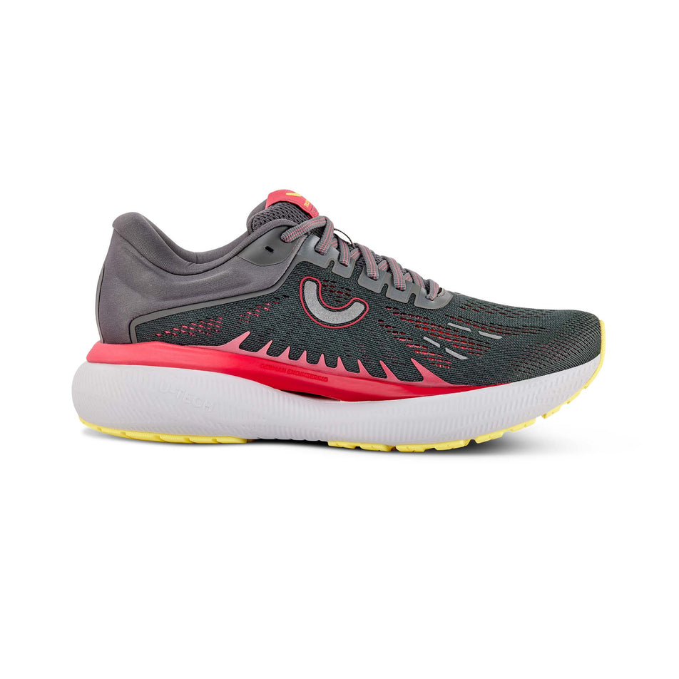 Lateral view of the right shoe from a pair of True Motion Women's U-Tech Aion 3 Running Shoes in the Castlerock/Rouge Red/Lemon Verbena colourway.  (8678186877090)