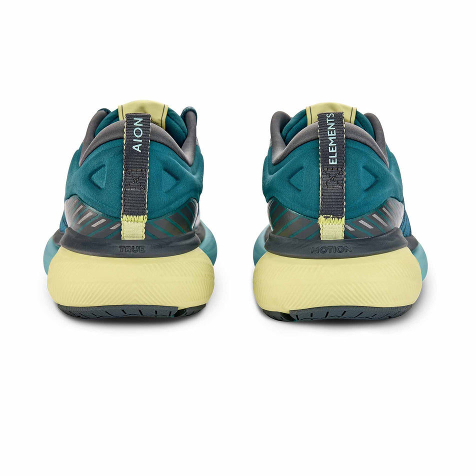 The back of a pair of True Motion Women's U-Tech Aion Elements Running Shoes in the Mediterranea/Iron Gate Aquatic colourway.