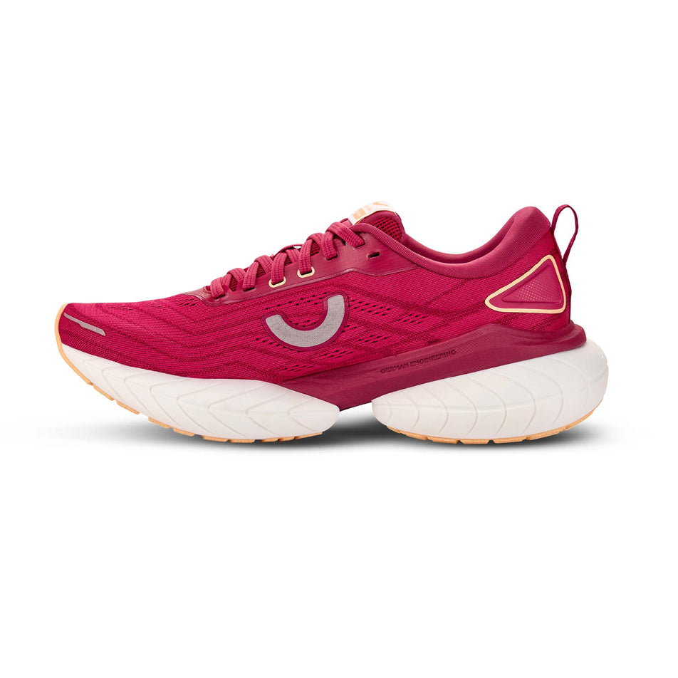 Medial view of the right shoe from a pair of True Motion Women's U-Tech Nevos 4 Running Shoes in the Sangria/Peach Fuzz/Anemone colourway.