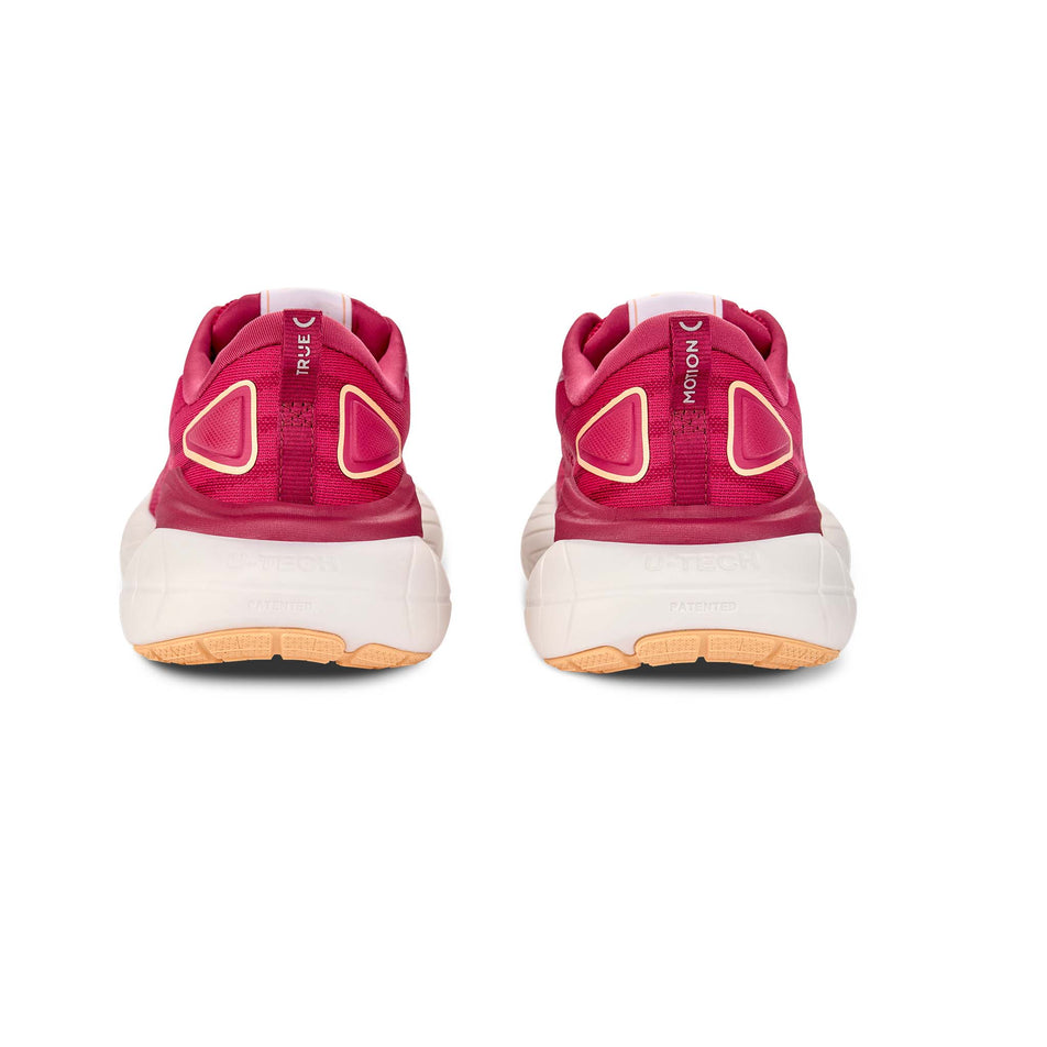 The back of a pair of True Motion Women's U-Tech Nevos 4 Running Shoes in the Sangria/Peach Fuzz/Anemone colourway.
