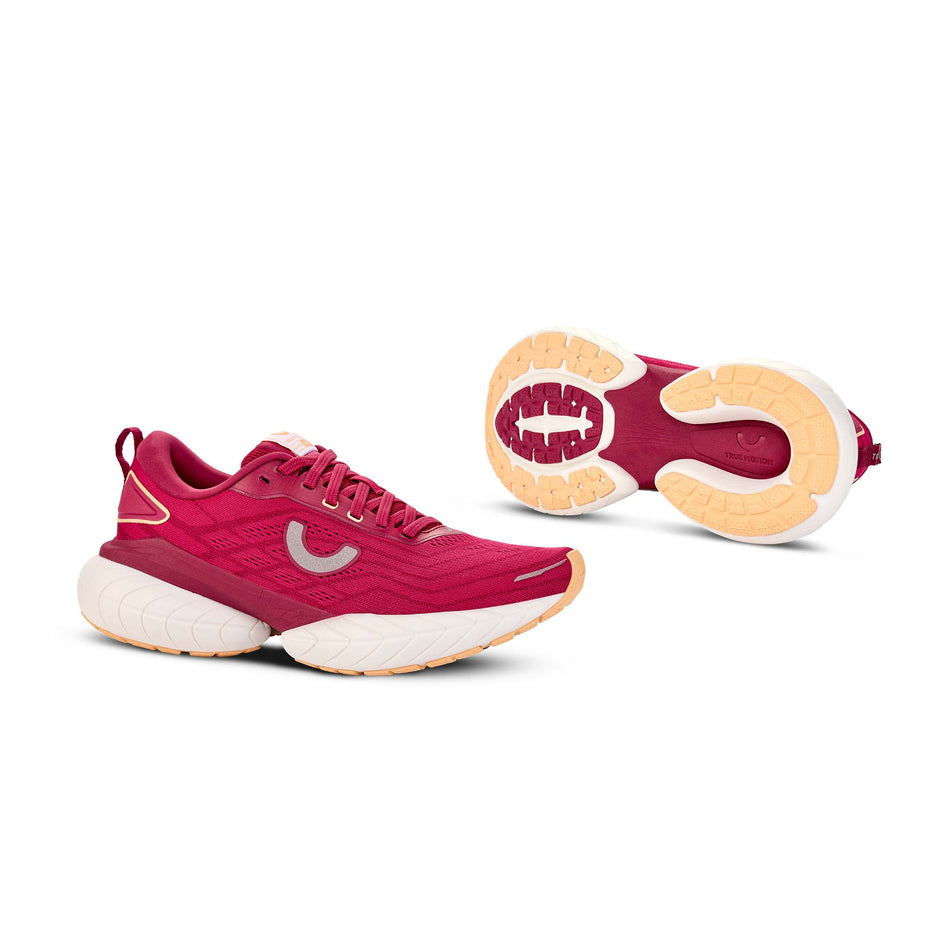 A pair of True Motion Women's U-Tech Nevos 4 Running Shoes in the Sangria/Peach Fuzz/Anemone colourway.