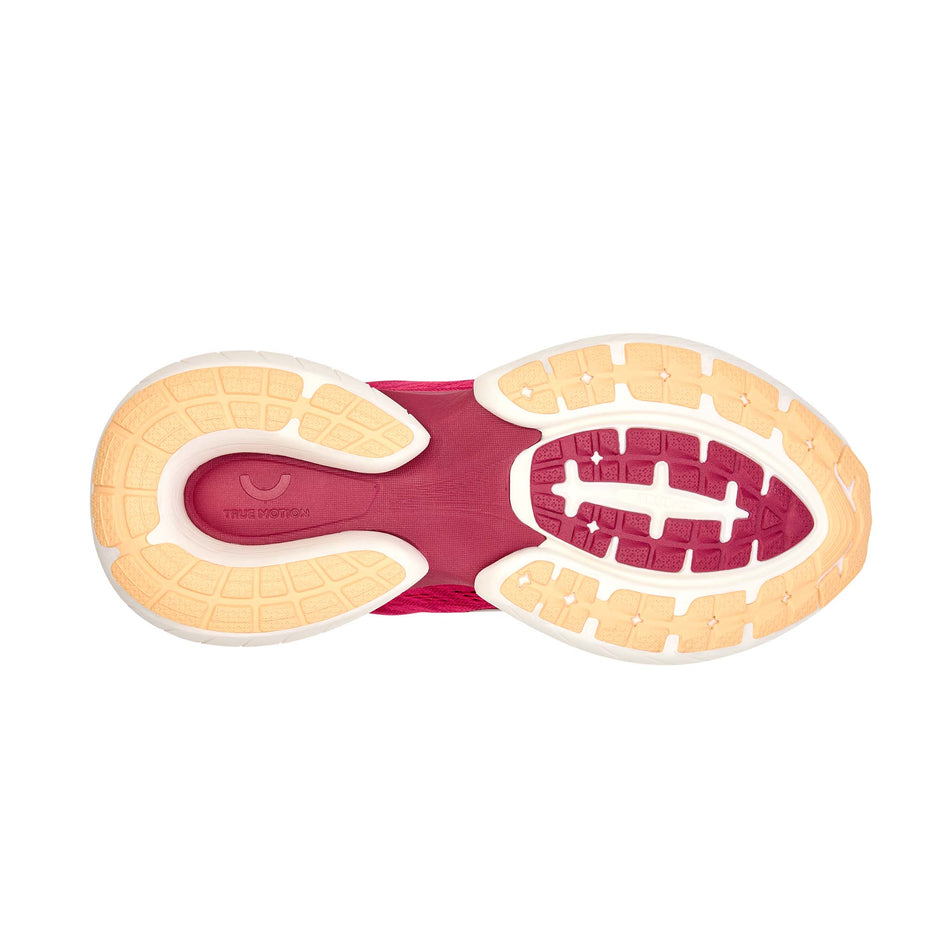 The outsole of the right shoe from a pair of True Motion Women's U-Tech Nevos 4 Running Shoes in the Sangria/Peach Fuzz/Anemone colourway.