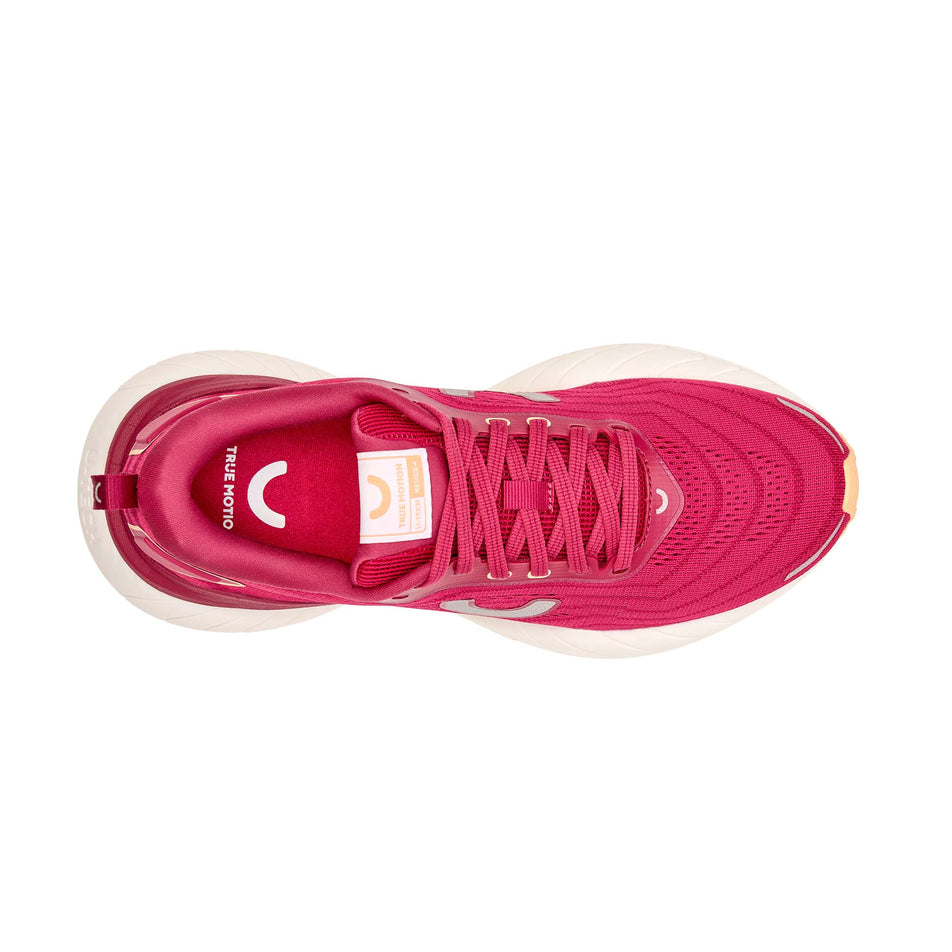 The upper of the right shoe from a pair of True Motion Women's U-Tech Nevos 4 Running Shoes in the Sangria/Peach Fuzz/Anemone colourway.